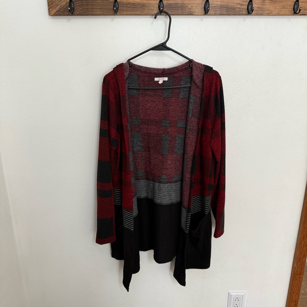 Maurices Burgundy and Black Plaid Cardigan